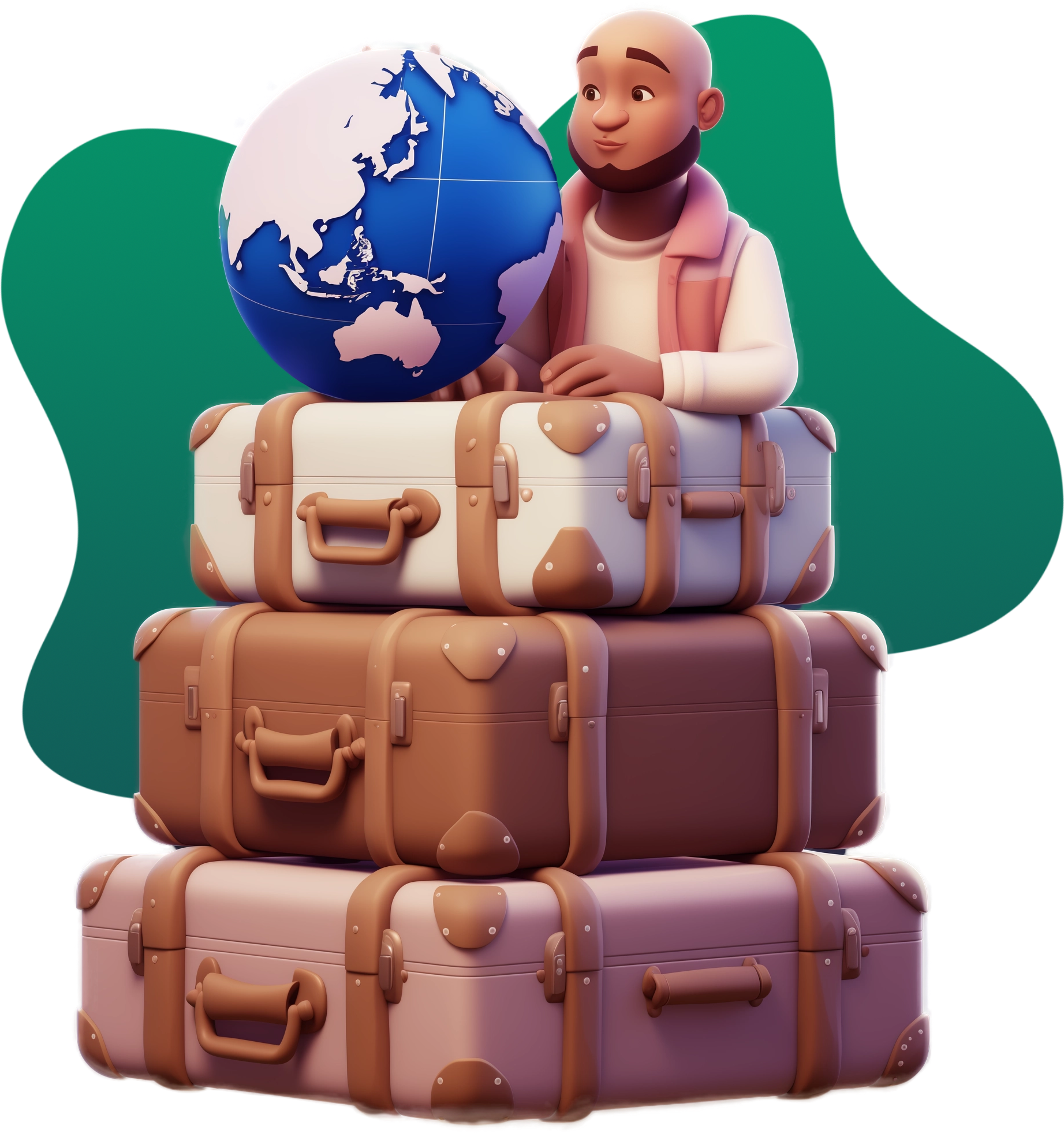 A bearded man leaning on a pile of suitcases and spinning a globe.