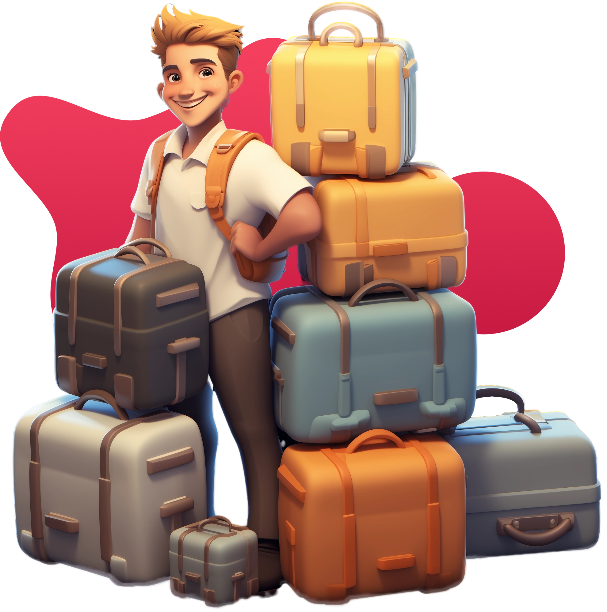 A young man with a pile of suitcases, bags and backpacks, smiling because he knows he has Sherpo to help him.